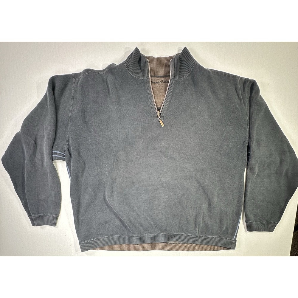 Tommy Bahama Half Zip Pullover Sweater Gray Brown Ribbed Trim Men's Size XL